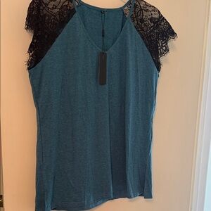 Chic Teal Women's Blouse with Black Lace Sleeves